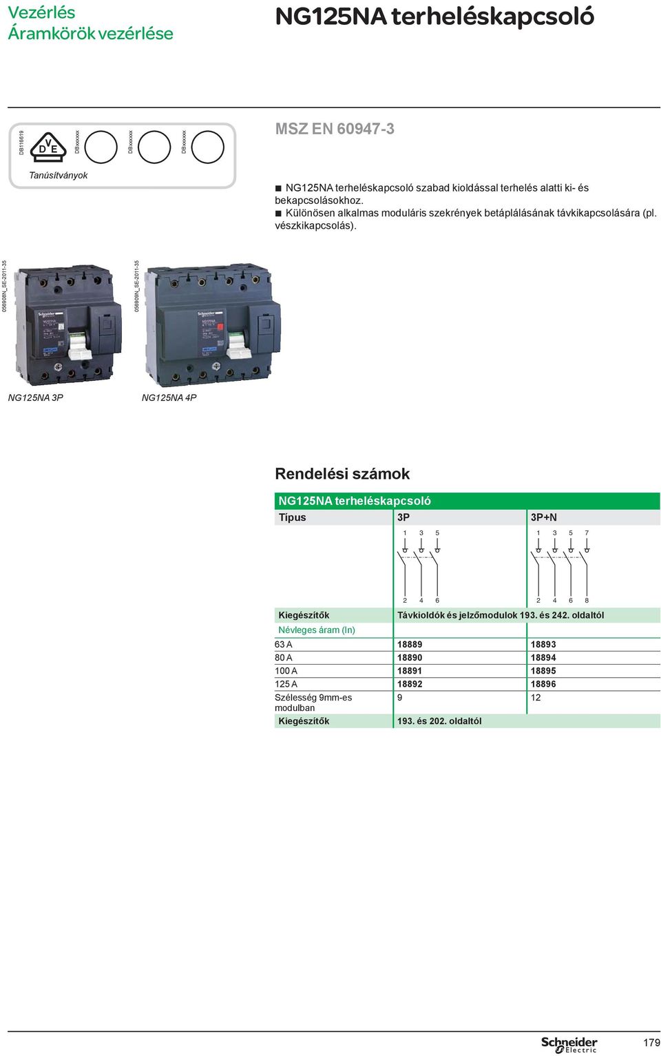 056908N_SE-2011-35 056909N_SE-2011-35 NG125NA 3P NG125NA 4P Rendelési számok NG125NA terheléskapcsoló 3P 3P+N 1 3 5 1 3 5 7 2 4 6 2 4 6 8 Kiegészítők