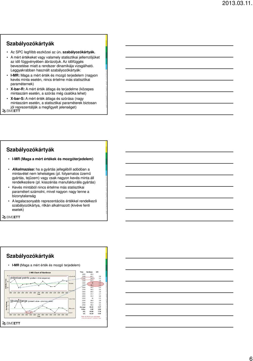 Leggyakrabban használt szabályozókártyák: I-MR: Maga a mért érték és mozgó terjedelem (nagyon kevés minta esetén, nincs értelme más statisztikai paraméternek) X-bar-R: A mért érték átlaga és