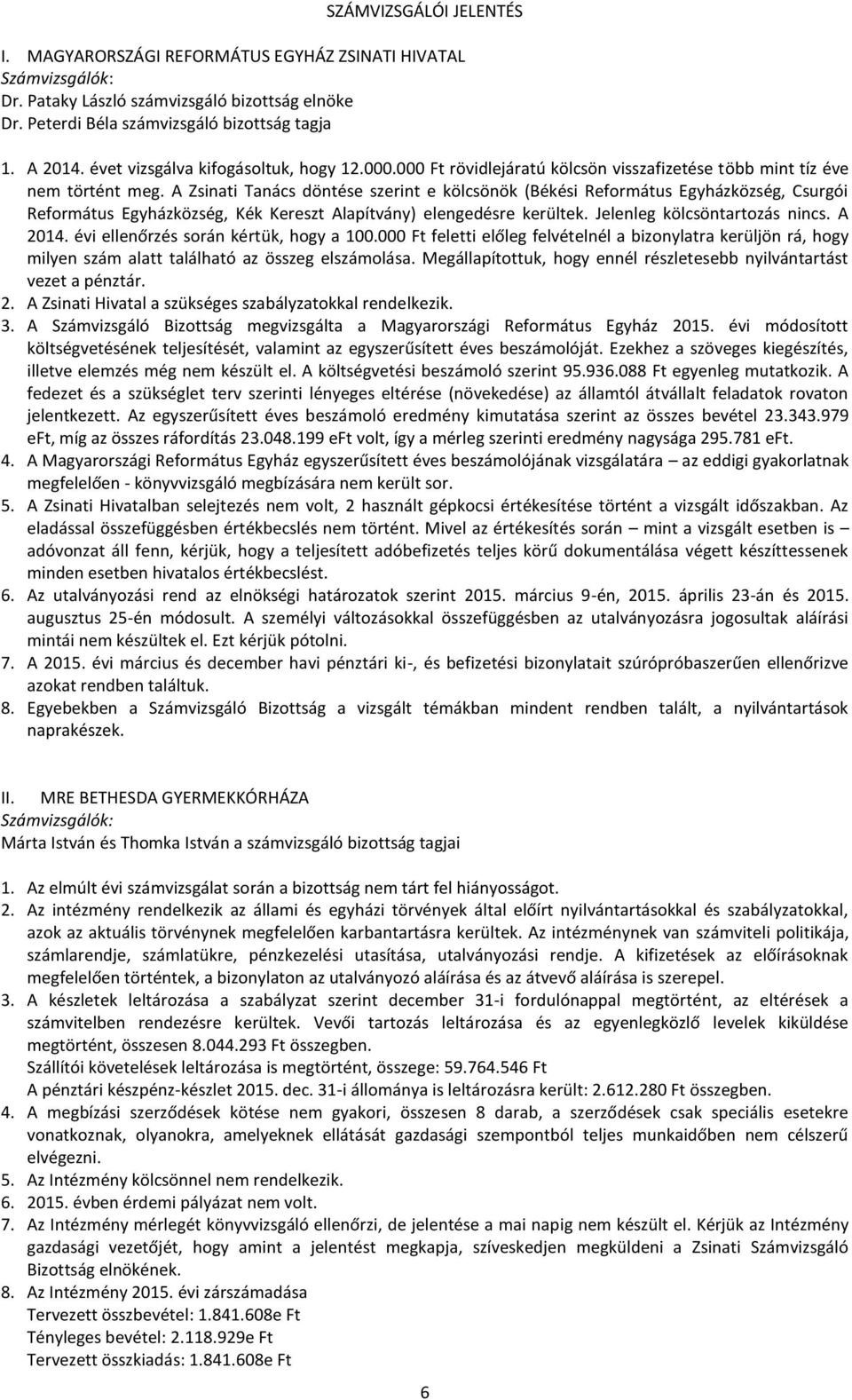 A Zsinati Tanács döntése szerint e kölcsönök (Békési Református Egyházközség, Csurgói Református Egyházközség, Kék Kereszt Alapítvány) elengedésre kerültek. Jelenleg kölcsöntartozás nincs. A 2014.