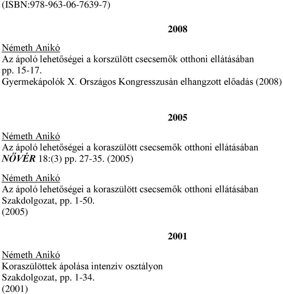 Országos Kongresszusán elhangzott előadás (2008) 2005 Az ápoló lehetőségei a koraszülött csecsemők otthoni