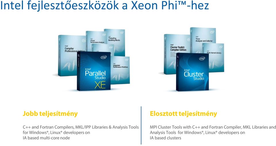 developers on IA based multi-core node MPI Cluster Tools with C++ and Fortran
