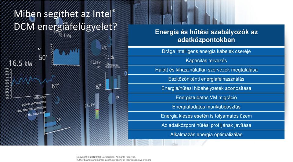 szervezek megtalálása Eszközönkénti energiafelhasználás Energia/hűtési hibahelyzetek azonosítása Energiatudatos VM migráció Energiatudatos