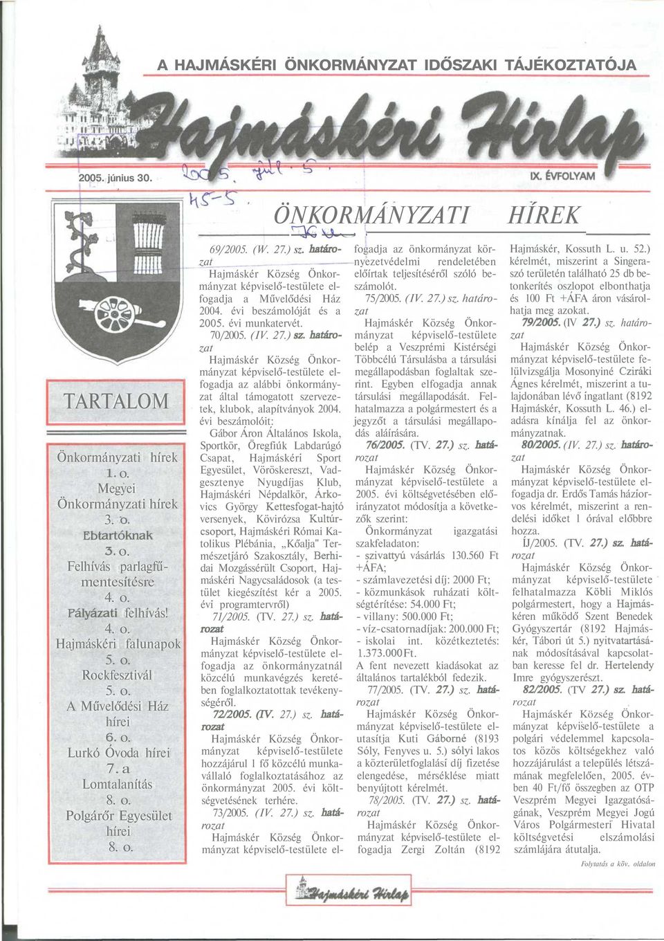 határozat elfogadja a Művelődési Ház 2004. évi beszámolóját és a 2005. évi munkatervét. 70/2005. (IV. 27.) sz.