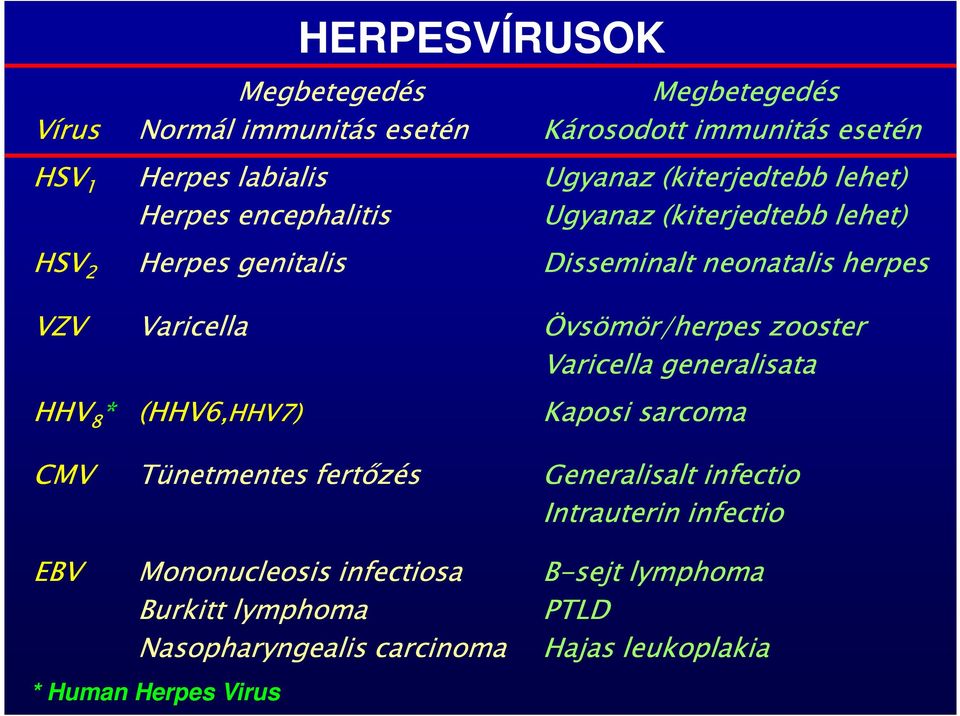 Övsömör/herpes zooster Varicella generalisata HHV 8 * (HHV6,HHV7) Kaposi sarcoma CMV Tünetmentes fertőzés Generalisalt infectio