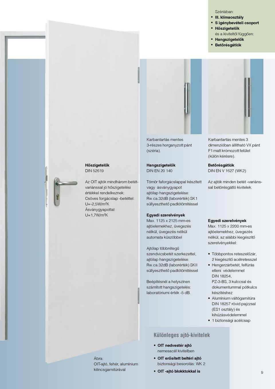 Betörésgátlók DIN EN V 1627 (WK2) Az OIT ajtók mindhárom betétvariánssal jó hőszigetelési értékkel rendelkeznek: Csöves forgácslap -betéttel: U=-2,5W/m 2 K Ásványgyapottal: U=1,7W/m 2 K Tömör
