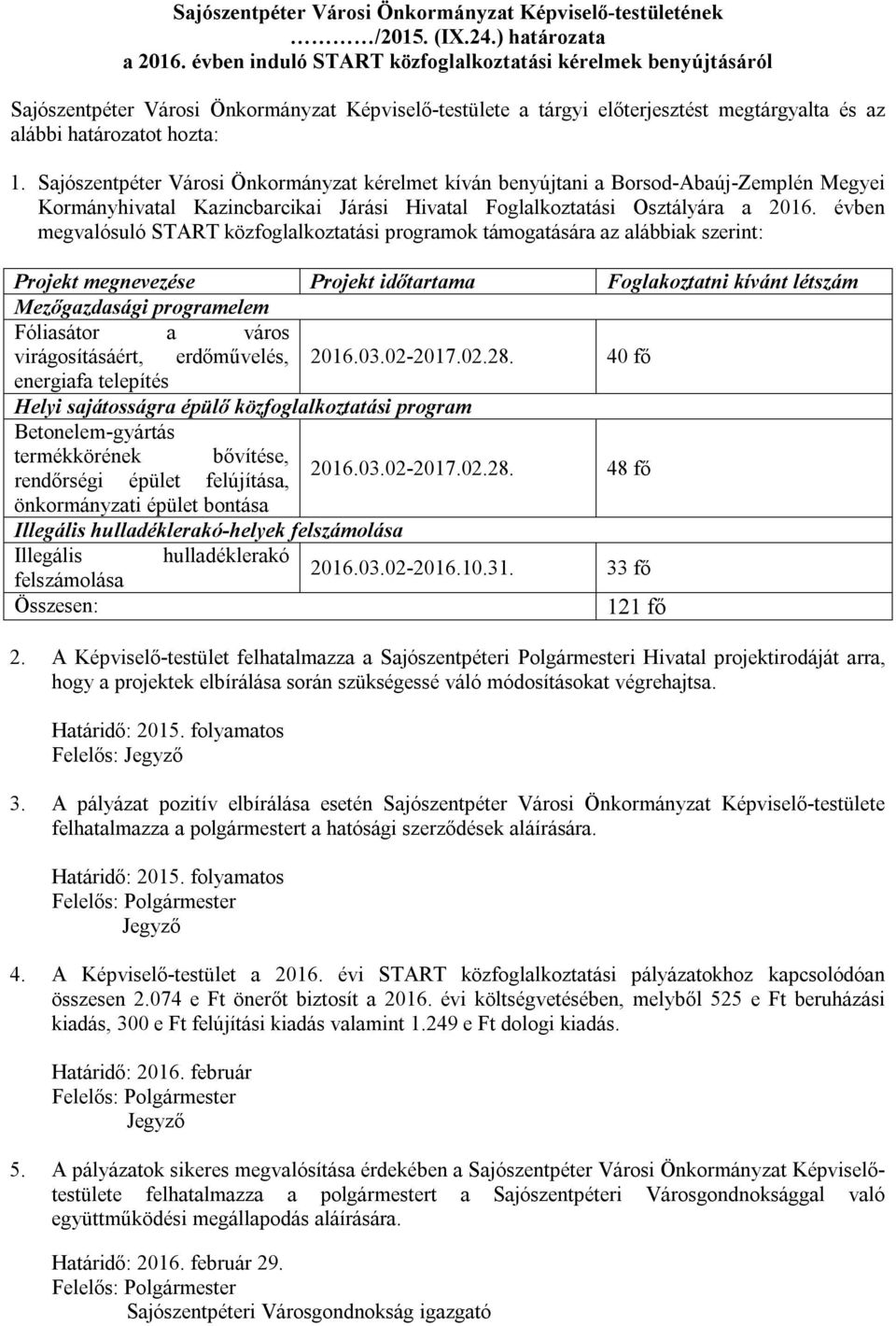 Sajószentpéter Városi Önkormányzat kérelmet kíván benyújtani a Borsod-Abaúj-Zemplén Megyei Kormányhivatal Kazincbarcikai Járási Hivatal Foglalkoztatási Osztályára a 2016.