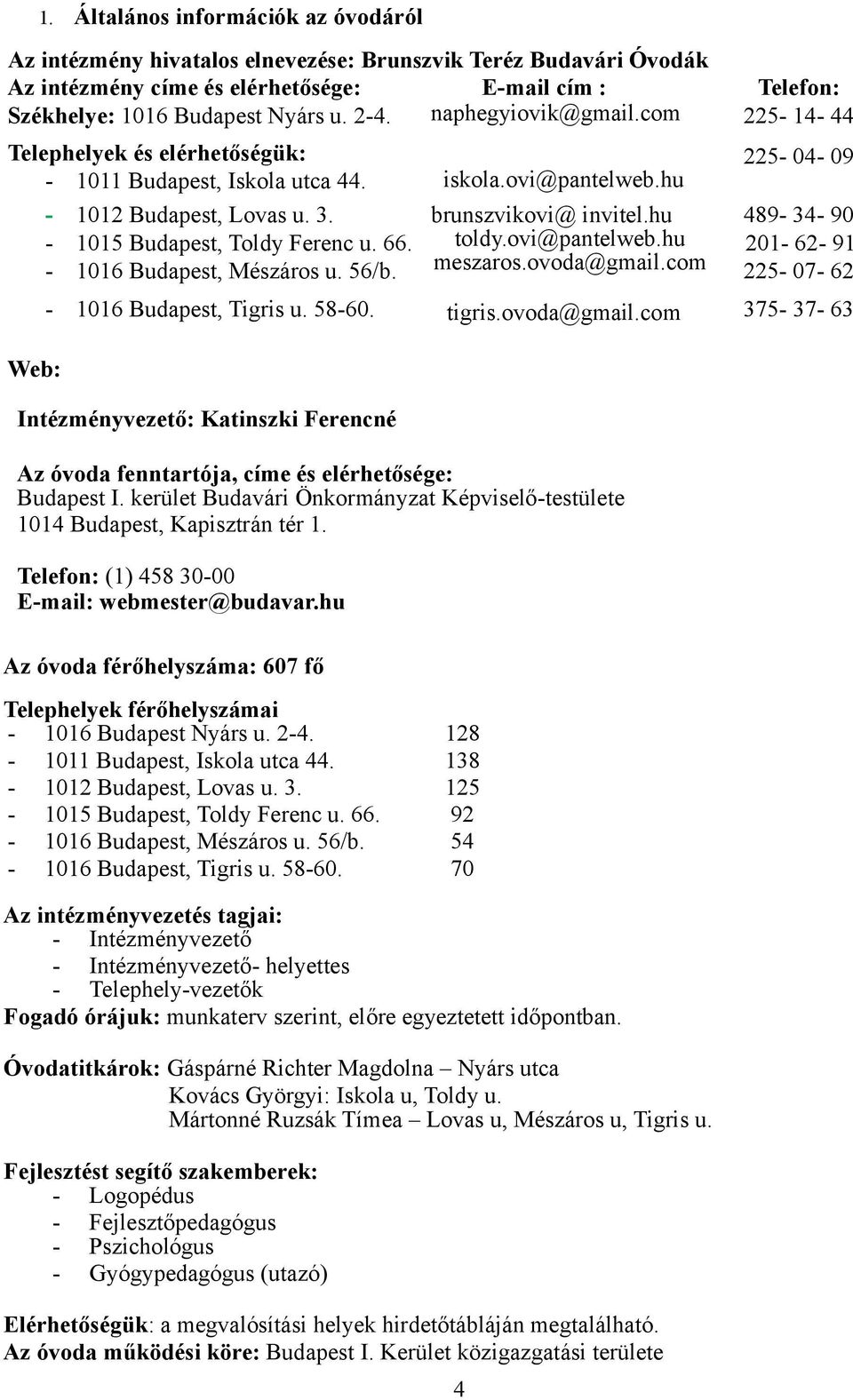 ovi@pantelweb.hu - 1015 Budapest, Toldy Ferenc u. 66. meszaros.ovoda@gmail.com - 1016 Budapest, Mészáros u. 56/b. - 1016 Budapest, Tigris u. 58-60. tigris.ovoda@gmail.com Web: Intézményvezető: Katinszki Ferencné Az óvoda fenntartója, címe és elérhetősége: Budapest I.