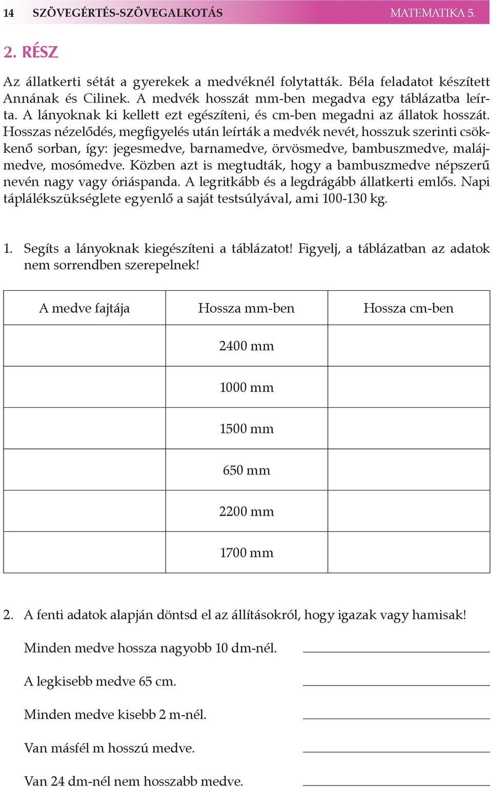 Hosszas nézelődés, megfigyelés után leírták a medvék nevét, hosszuk szerinti csökkenő sorban, így: jegesmedve, barnamedve, örvösmedve, bambuszmedve, malájmedve, mosómedve.