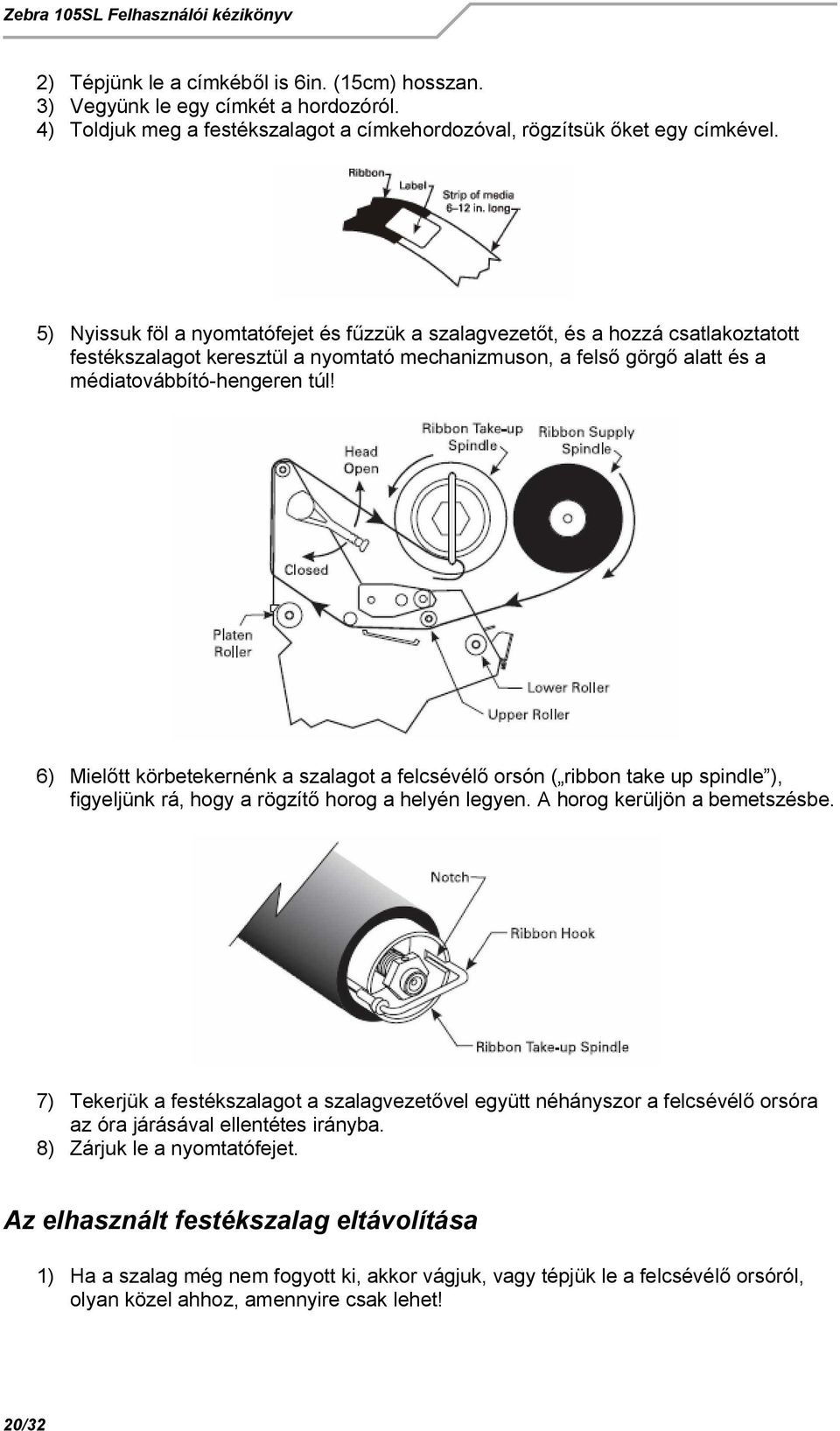 6) Miel tt körbetekernénk a szalagot a felcsévél orsón ( ribbon take up spindle ), figyeljünk rá, hogy a rögzít horog a helyén legyen. A horog kerüljön a bemetszésbe.