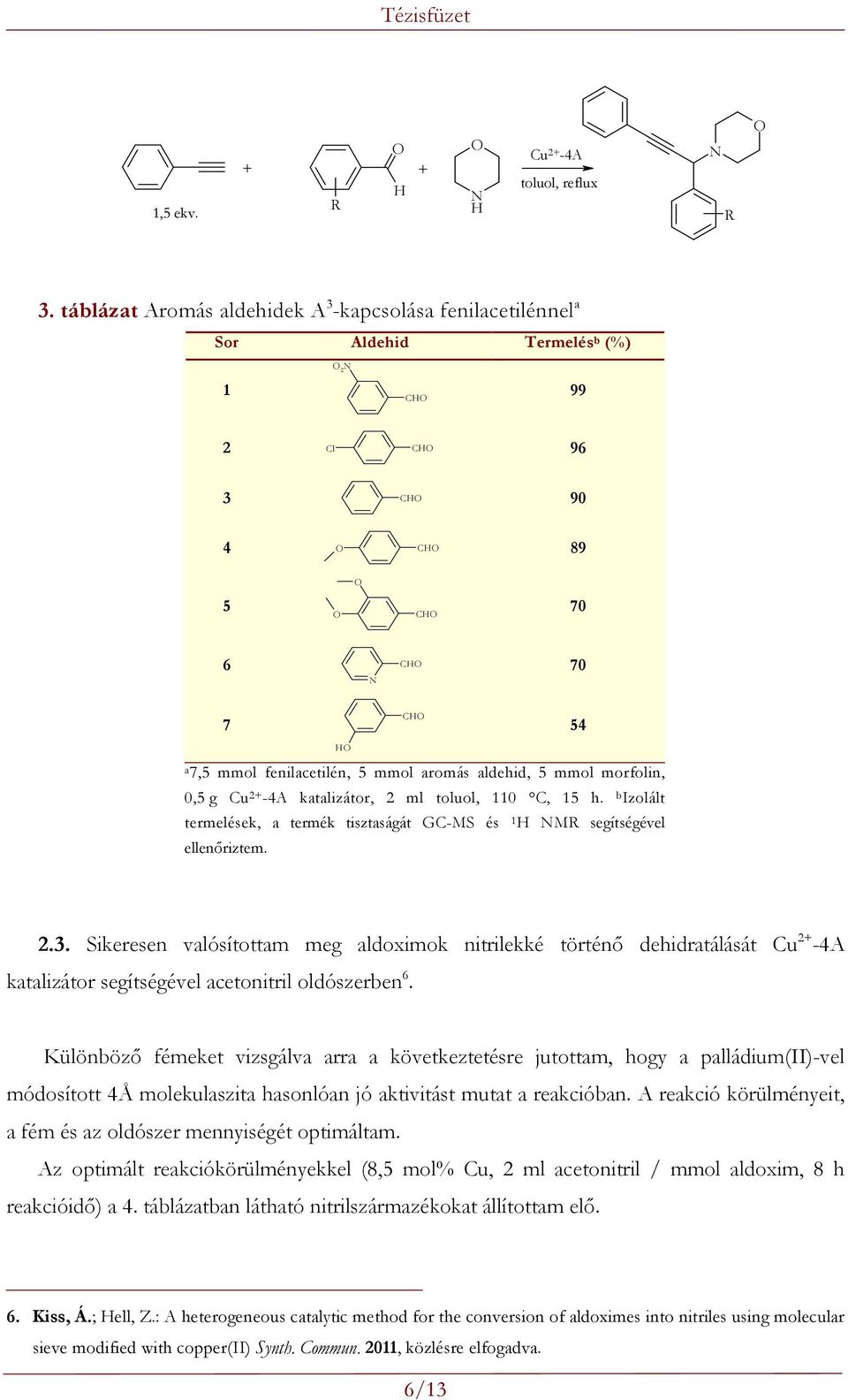 mmol morfolin, 0,5 g Cu 2+ -4A katalizátor, 2 ml toluol, 110 C, 15 h. b Izolált termelések, a termék tisztaságát GC-MS és 1 H MR segítségével ellenőriztem. 54 2.3.