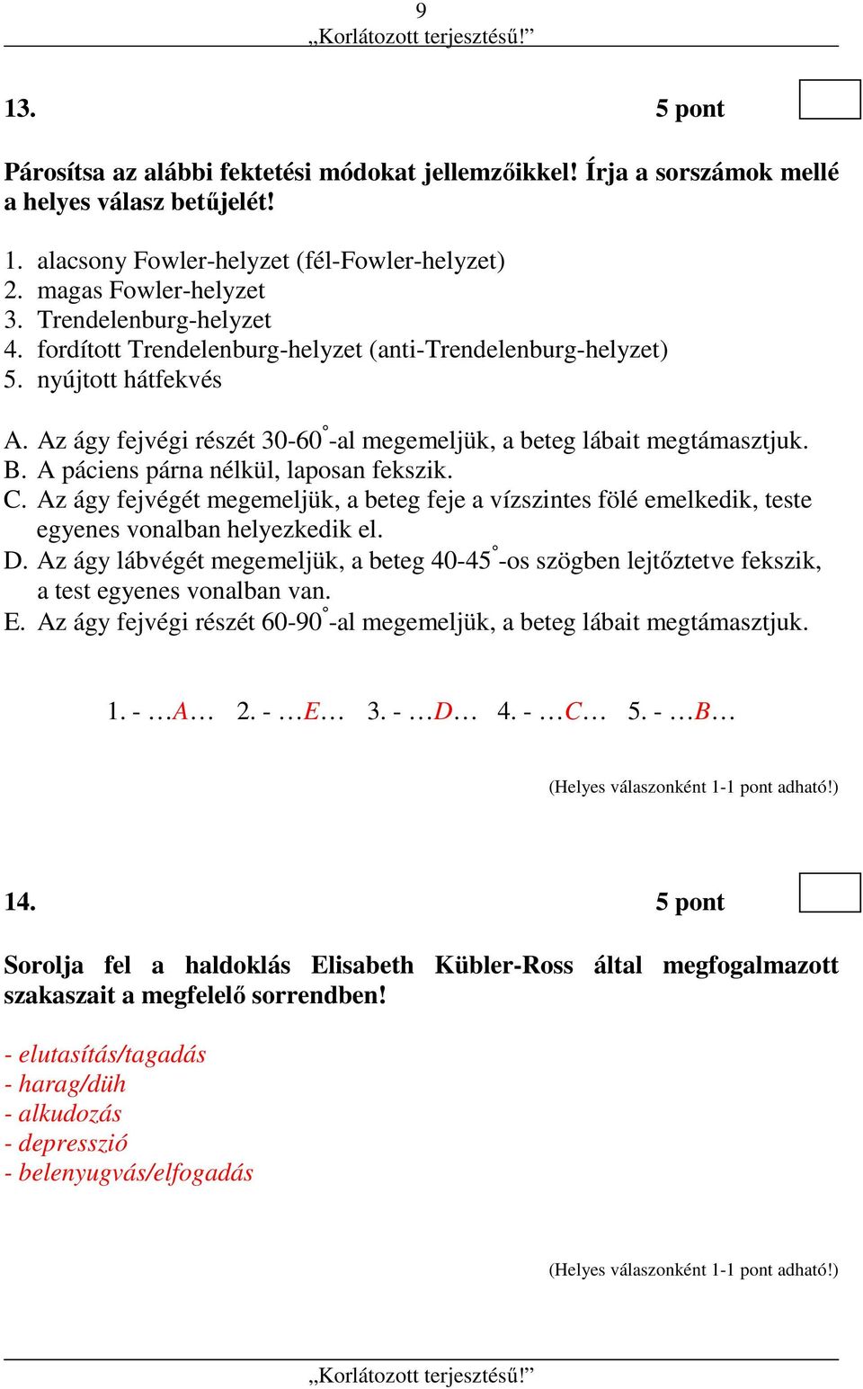 A páciens párna nélkül, laposan fekszik. C. Az ágy fejvégét megemeljük, a beteg feje a vízszintes fölé emelkedik, teste egyenes vonalban helyezkedik el. D.