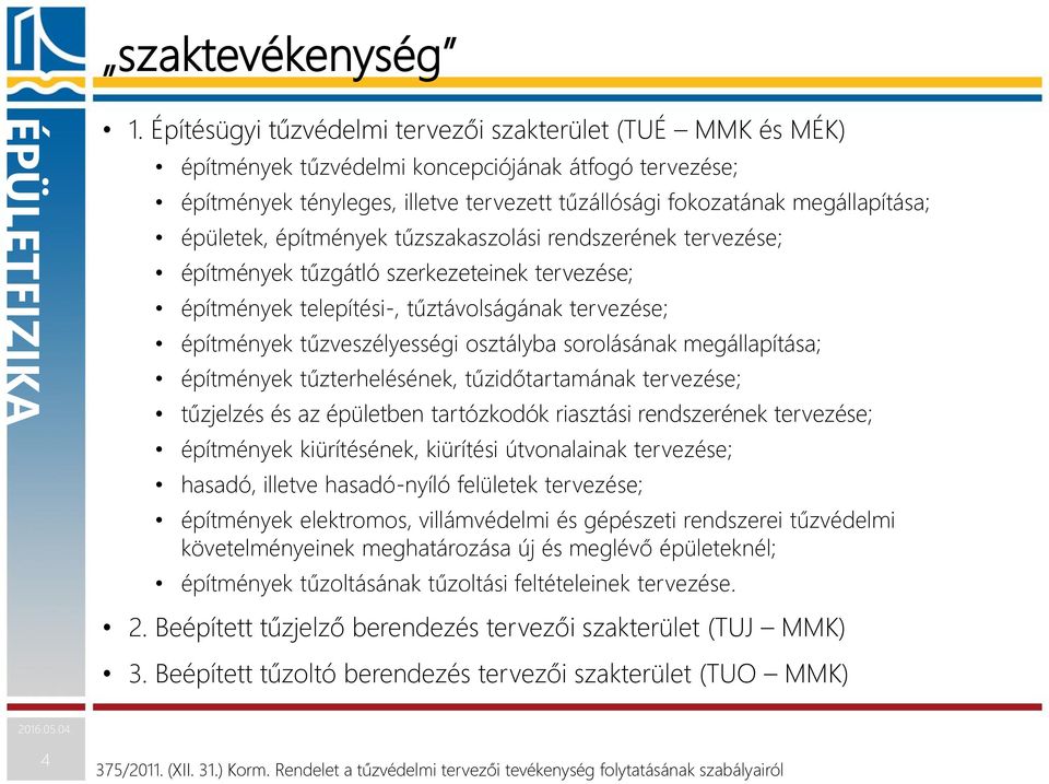 épületek, építmények tűzszakaszolási rendszerének tervezése; építmények tűzgátló szerkezeteinek tervezése; építmények telepítési-, tűztávolságának tervezése; építmények tűzveszélyességi osztályba