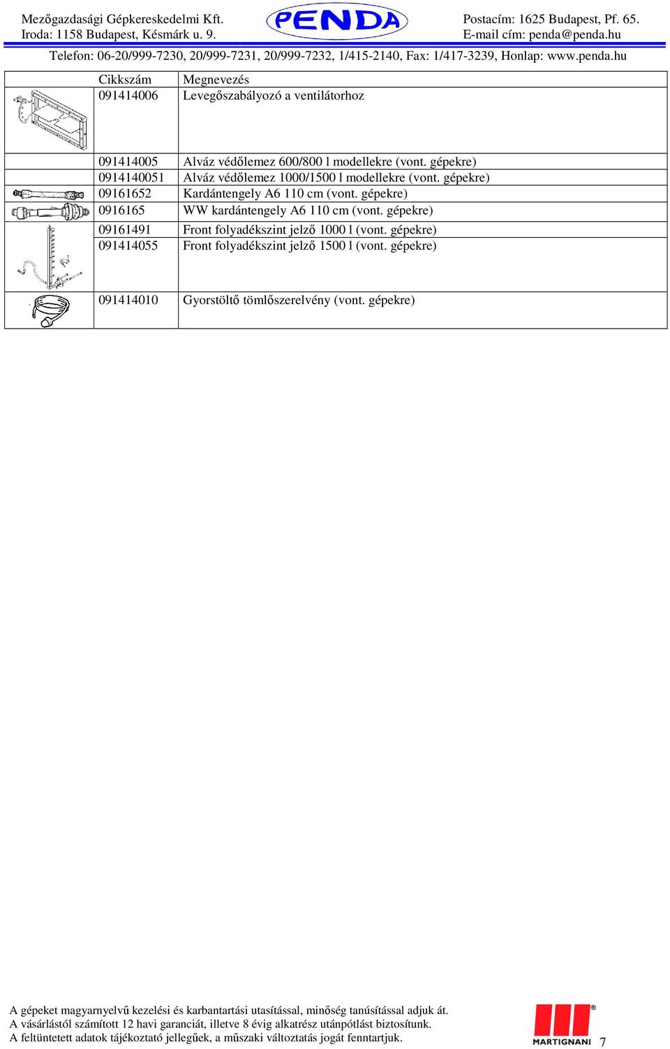 gépekre) 0916165 WW kardántengely A6 110 cm (vont. gépekre) 09161491 Front folyadékszint jelző 1000 l (vont.