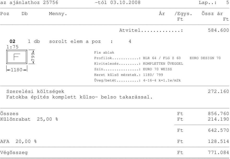 600 Keret külsö méretek.: 1180/ 799 Szerelési költségek 272.