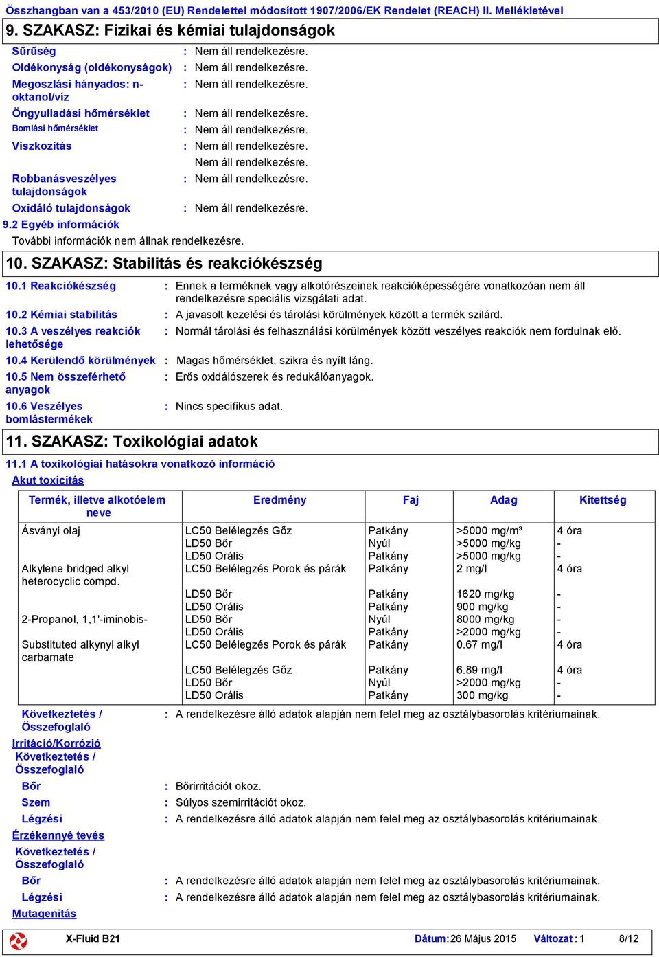 SZAKASZ Stabilitás és reakciókészség 10.1 Reakciókészség Ennek a terméknek vagy alkotórészeinek reakcióképességére vonatkozóan nem áll rendelkezésre speciális vizsgálati adat. 10.3 A veszélyes reakciók lehetősége A javasolt kezelési és tárolási körülmények között a termék szilárd.