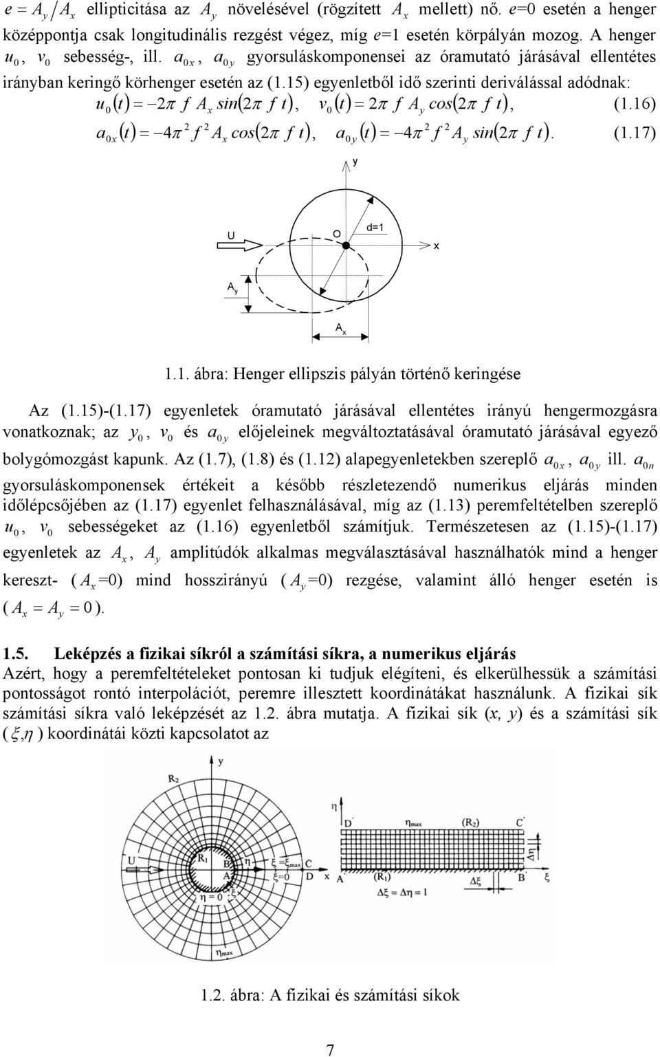 6) () = ( ), v ( ) ( π ) () t = 4π f A cos( f t), a ( t) 4π f A sin( f t) u π a π =. (.7) π U O d= A A.. ábra: Henger ellipszis pálán történő keringése Az (.5)-(.