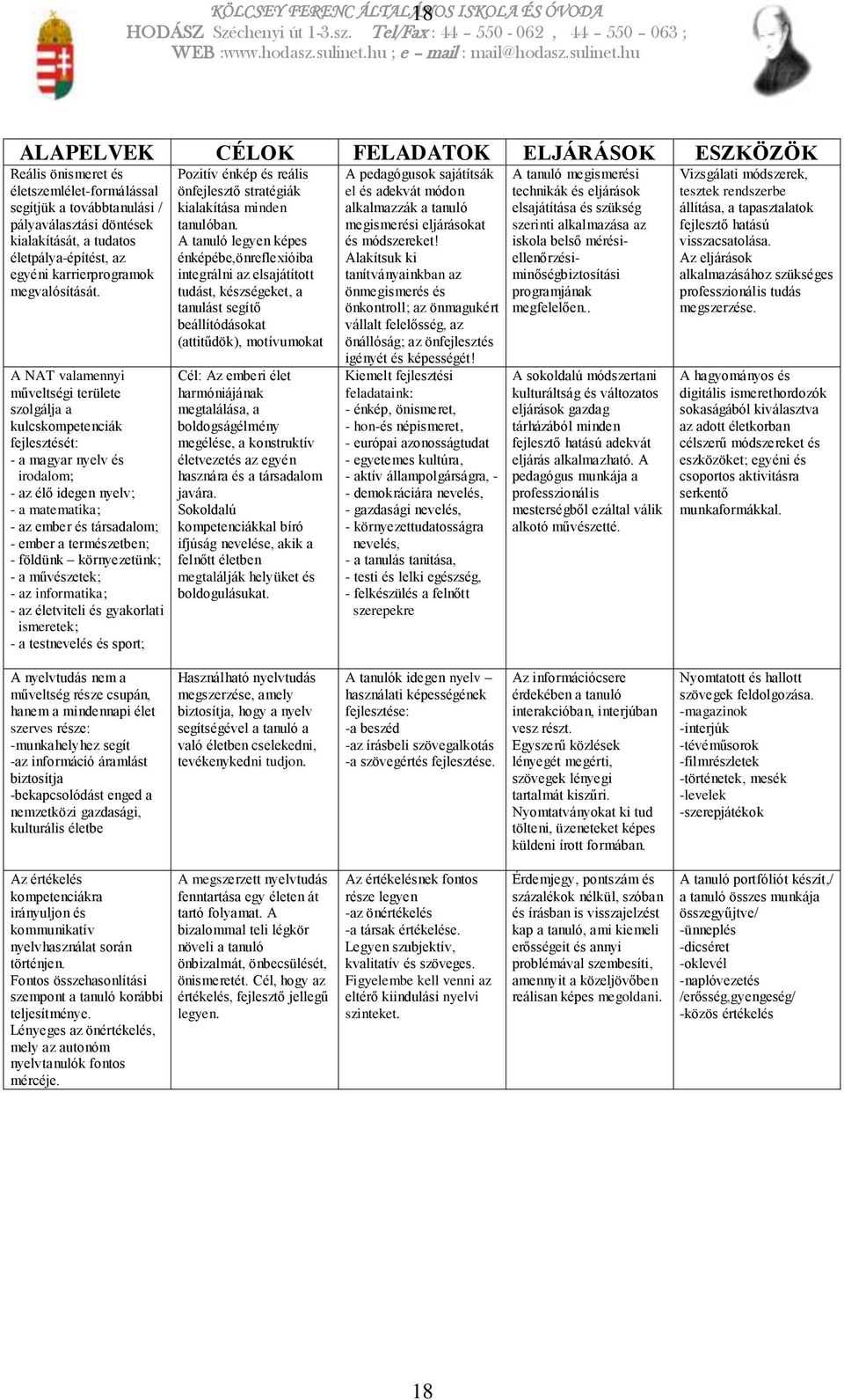 A NAT valamennyi műveltségi területe szolgálja a kulcskompetenciák fejlesztését: - a magyar nyelv és irodalom; - az élő idegen nyelv; - a matematika; - az ember és társadalom; - ember a természetben;