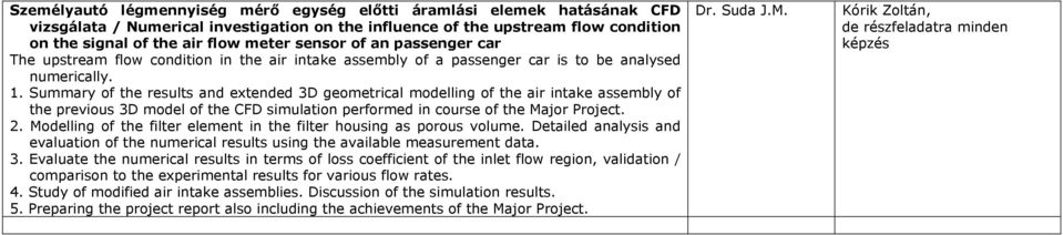 Summary of the results and extended 3D geometrical modelling of the air intake assembly of the previous 3D model of the CFD simulation performed in course of the Major Project. 2.