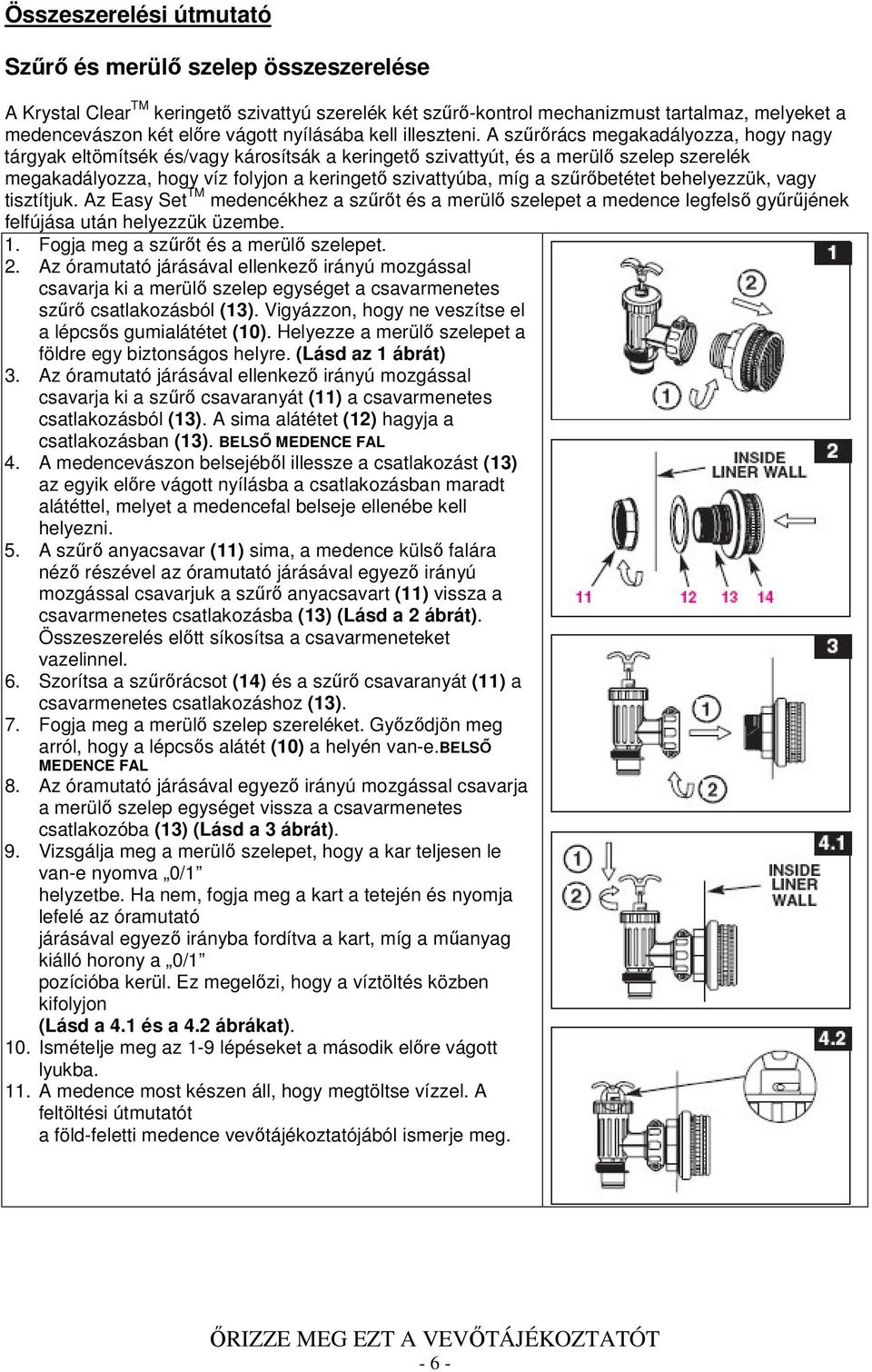 A szrrács megakadályozza, hogy nagy tárgyak eltömítsék és/vagy károsítsák a keringet szivattyút, és a merül szelep szerelék megakadályozza, hogy víz folyjon a keringet szivattyúba, míg a szrbetétet