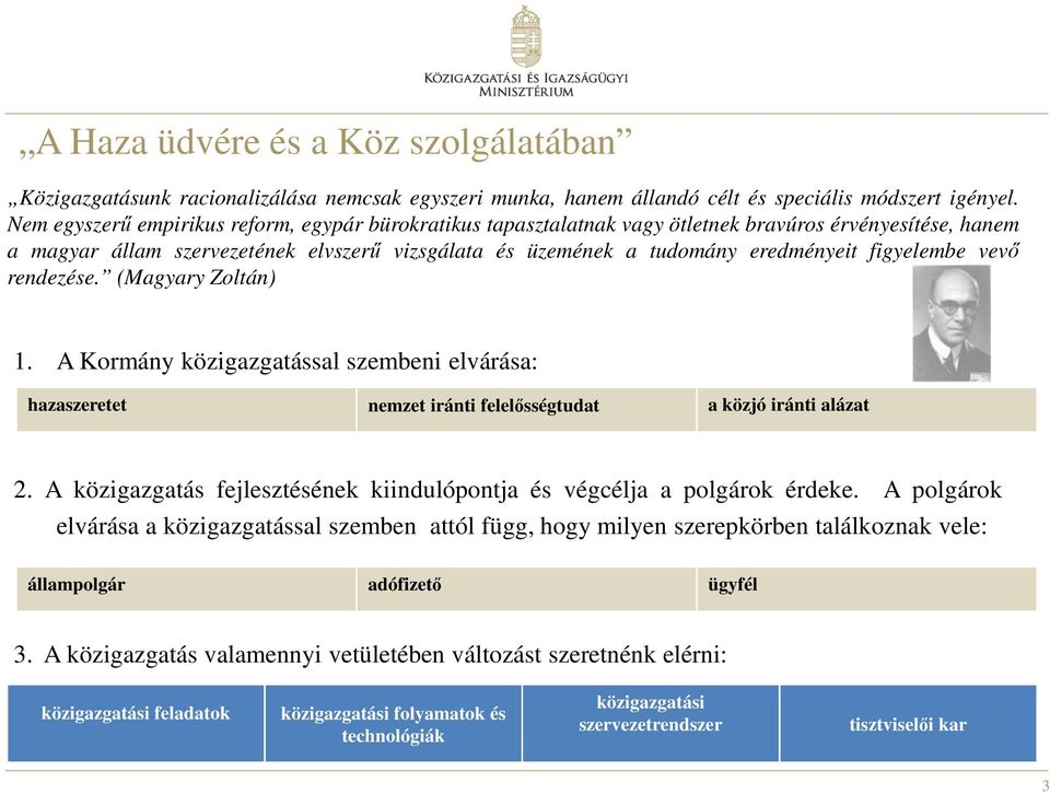 figyelembe vevő rendezése. (Magyary Zoltán) 1. A Kormány közigazgatással szembeni elvárása: hazaszeretet nemzet iránti felelősségtudat a közjó iránti alázat 2.