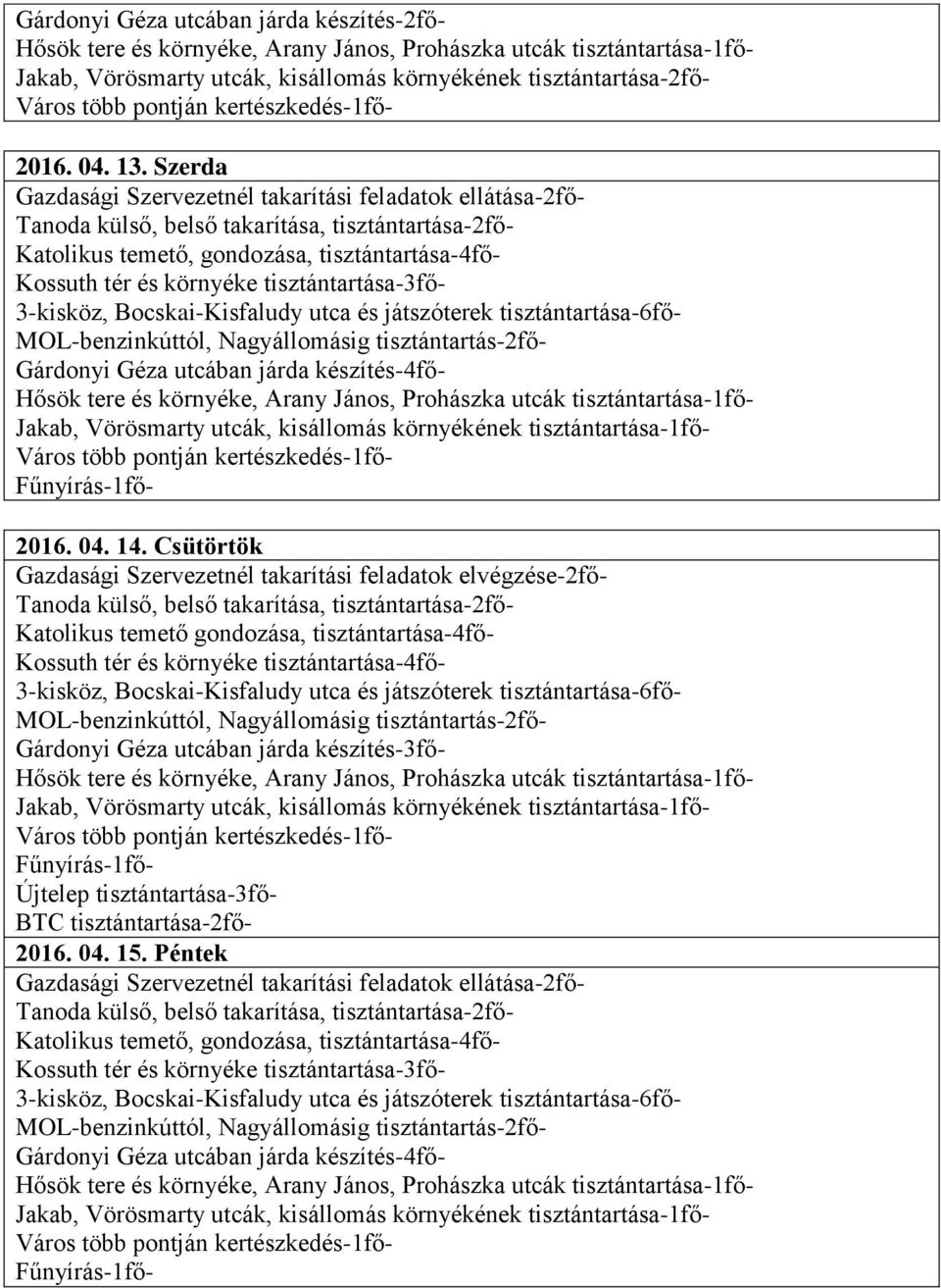 gondozása, tisztántartása-4fő- Kossuth tér és környéke tisztántartása-4fő- Gárdonyi