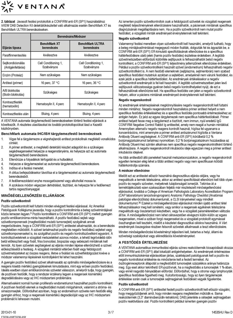 (primer) 16 perc, 37 C 16 perc, 36 C A/B blokkolás (Biotin blokkolás) Kontrasztfesték (hematoxilin) Szükséges Szükséges Kontrasztfestés után Bluing, 4 perc Bluing, 4 perc A VENTANA automata