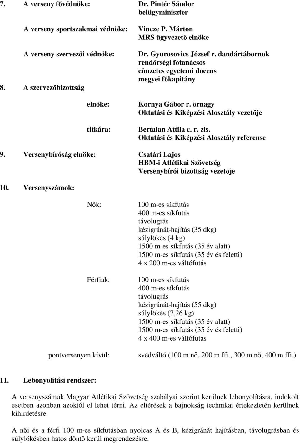 Oktatási és Kiképzési Alosztály referense 9. Versenybíróság elnöke: Csatári Lajos HBM-i Atlétikai Szövetség Versenybírói bizottság vezetje 10.