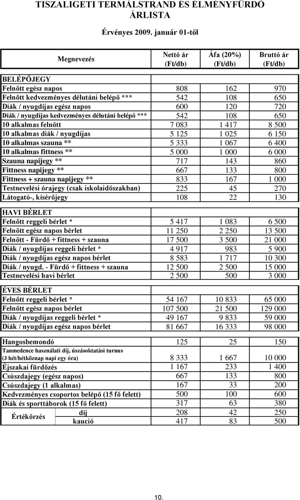 alkalmas diák / nyugdíjas 10 alkalmas szauna ** 10 alkalmas fittness ** Szauna napijegy ** Fittness napijegy ** Fittness + szauna napijegy ** Testnevelési órajegy (csak iskolaidőszakban) Látogató-,