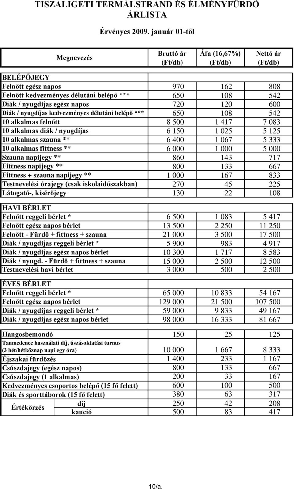 alkalmas felnőtt 10 alkalmas diák / nyugdíjas 10 alkalmas szauna ** 10 alkalmas fittness ** Szauna napijegy ** Fittness napijegy ** Fittness + szauna napijegy ** Testnevelési órajegy (csak