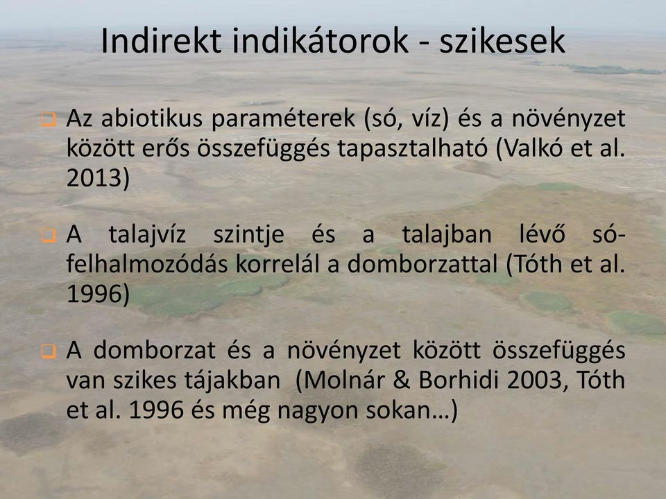 2013) A talajvíz szintje és a talajban lévő sófelhalmozódás korrelál a domborzattal (Tóth