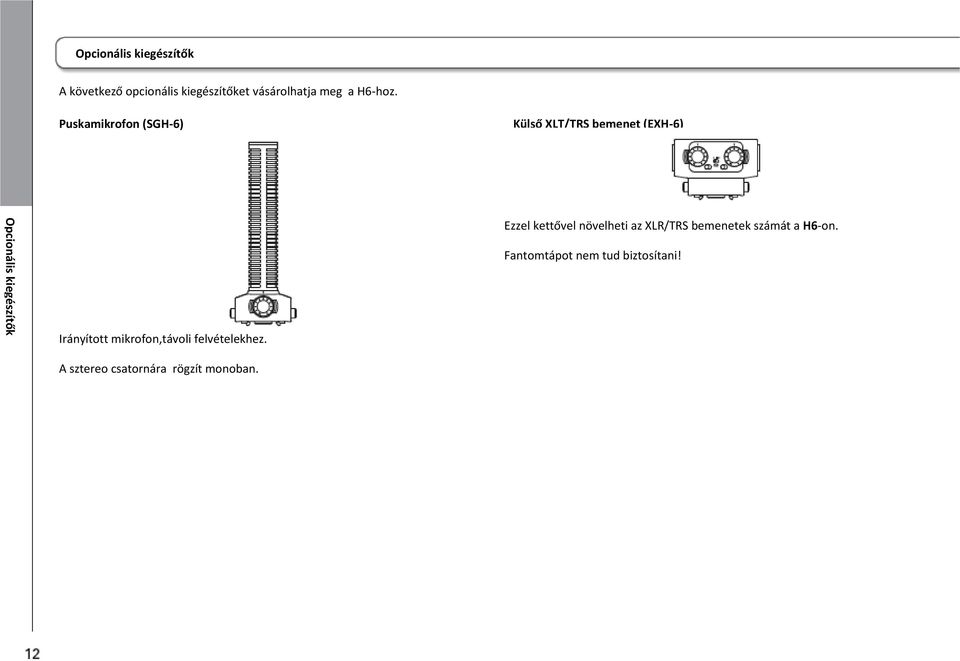 Puskamikrofon (SGH-6) Külső XLT/TRS bemenet (EXH-6) Ezzel kettővel növelheti az