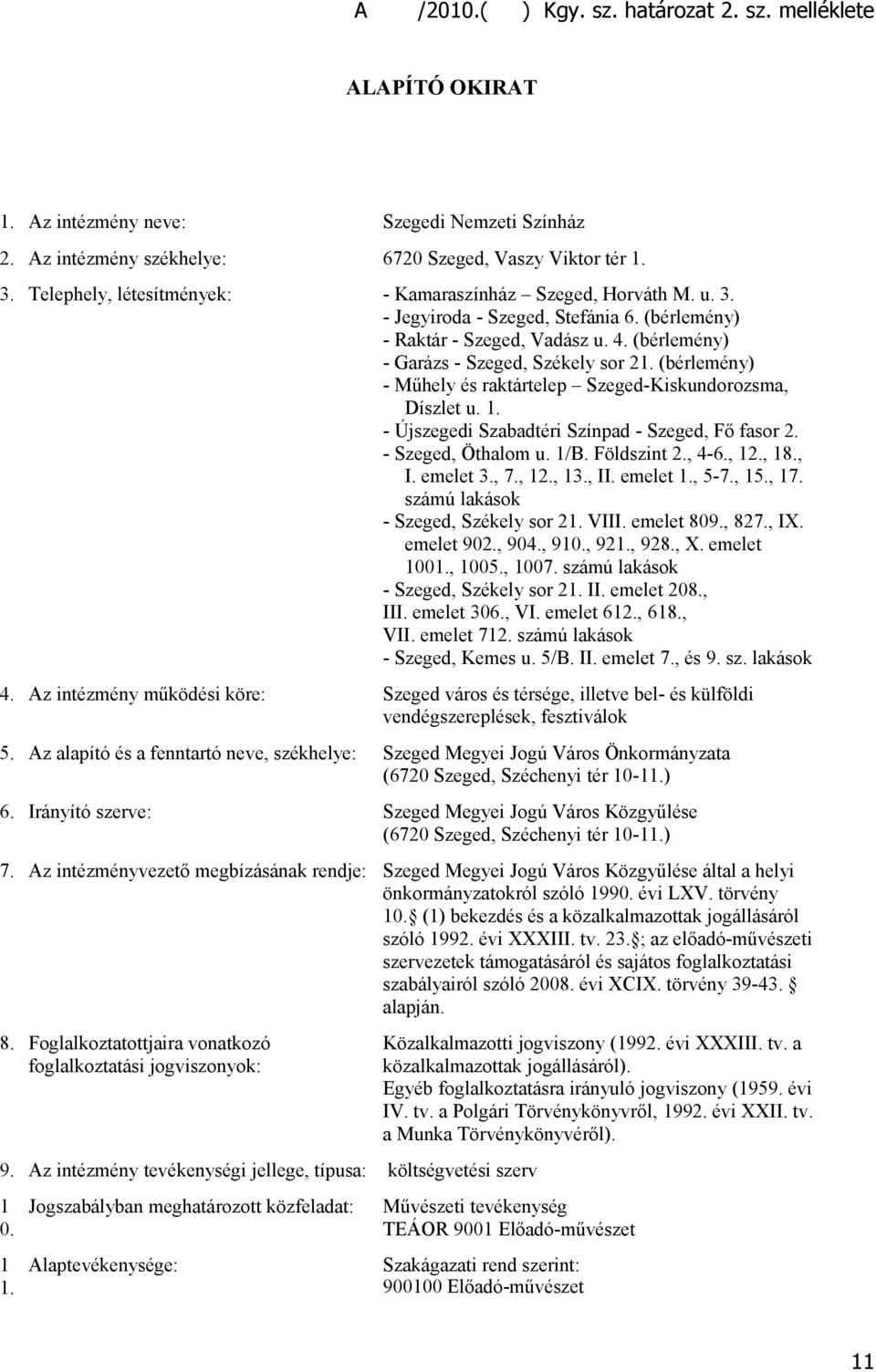 (bérlemény) - Műhely és raktártelep Szeged-Kiskundorozsma, Díszlet u. 1. - Újszegedi Szabadtéri Színpad - Szeged, Fő fasor 2. - Szeged, Öthalom u. 1/B. Földszint 2., 4-6., 12., 18., I. emelet 3., 7.