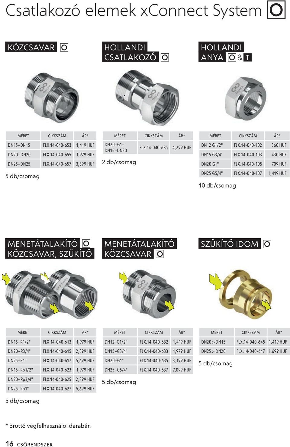 14-040-105 709 HUF DN25 G5/4" FLX.14-040-107 1,419 HUF 10 db/csomag MENETÁTALAKÍTÓ KÖZCSAVAR, SZŰKÍTŐ MENETÁTALAKÍTÓ KÖZCSAVAR SZŰKÍTŐ IDOM DN15 R1/2" FLX.14-040-613 1,979 HUF DN20 R3/4" FLX.