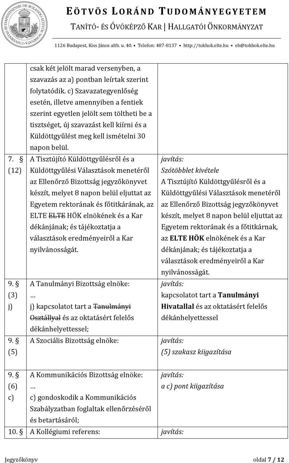 A Tisztújító Küldöttgyűlésről és a Küldöttgyűlési Választások menetéről az Ellenőrző Bizottság jegyzőkönyvet készít, melyet 8 napon belül eljuttat az Egyetem rektorának és főtitkárának, az ELTE ELTE