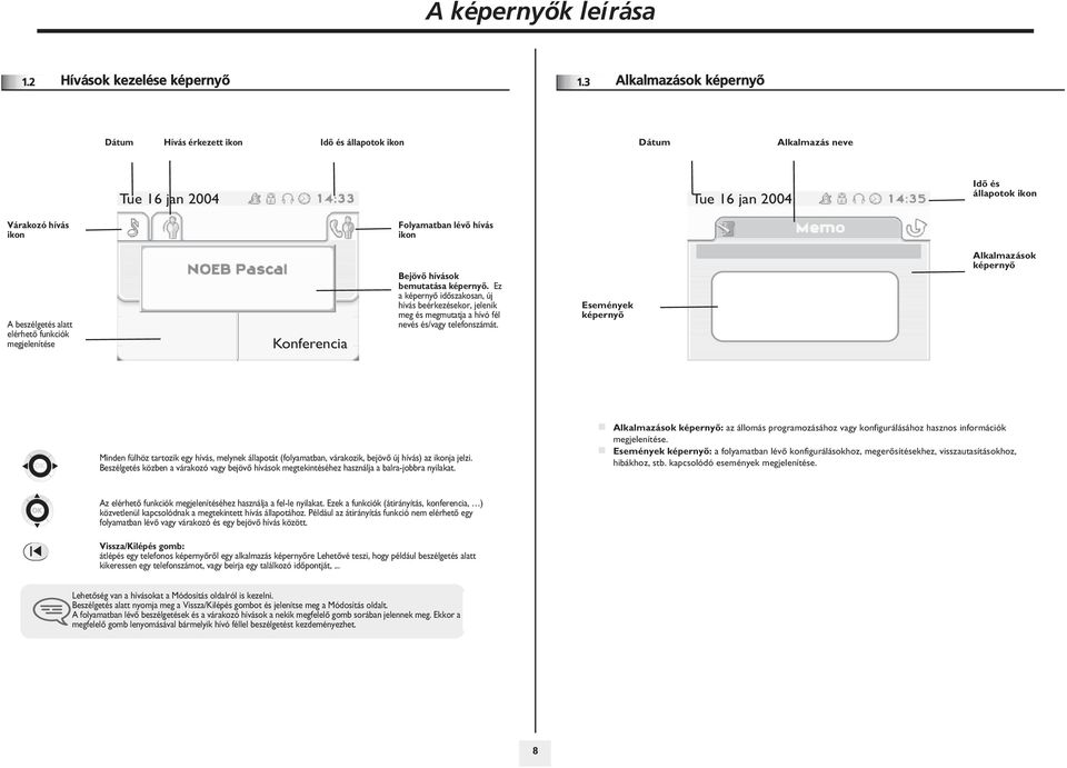 elérhetõ funkciók megjelenítése Konferencia Bejövõ hívások bemutatása képernyõ. Ez a képernyõ idõszakosan, új hívás beérkezésekor, jelenik meg és megmutatja a hívó fél nevés és/ telefonszámát.