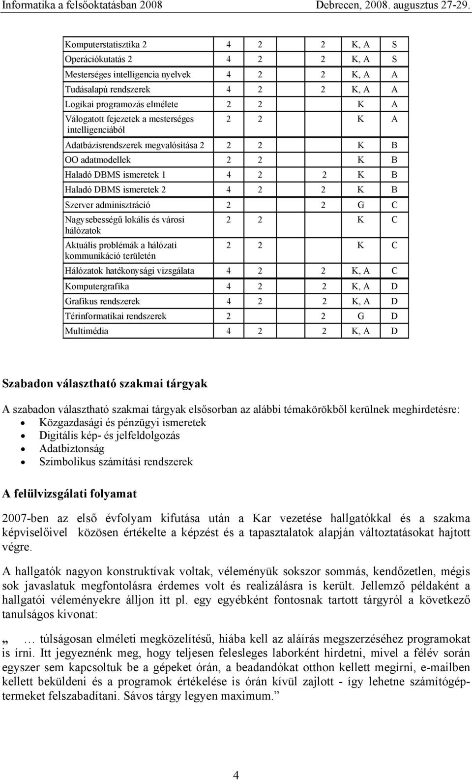 2 G C Nagysebességű lkális és vársi 2 2 K C hálózatk Aktuális prblémák a hálózati 2 2 K C kmmunikáció területén Hálózatk hatéknysági vizsgálata 4 2 2 K, A C Kmputergrafika 4 2 2 K, A D Grafikus