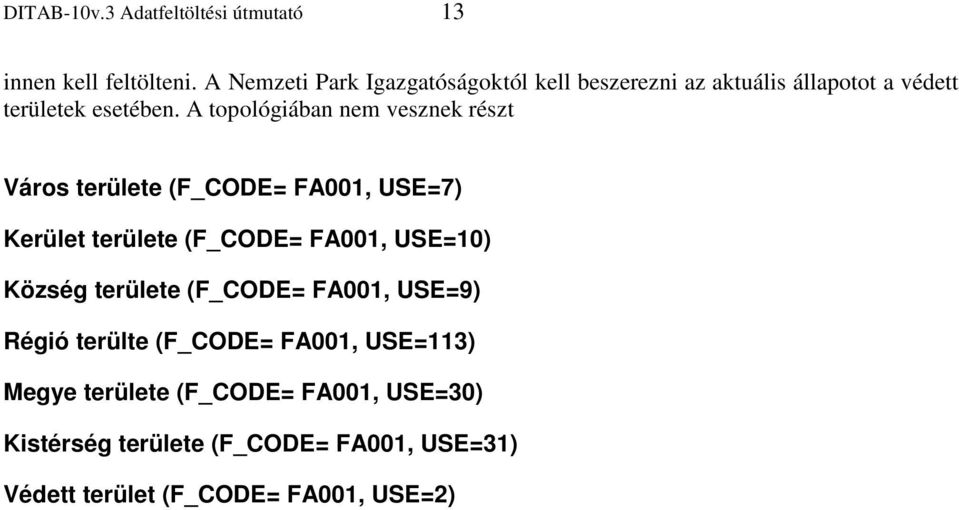 A topológiában nem vesznek részt Város területe (F_CODE= FA001, USE=7) Kerület területe (F_CODE= FA001, USE=10)