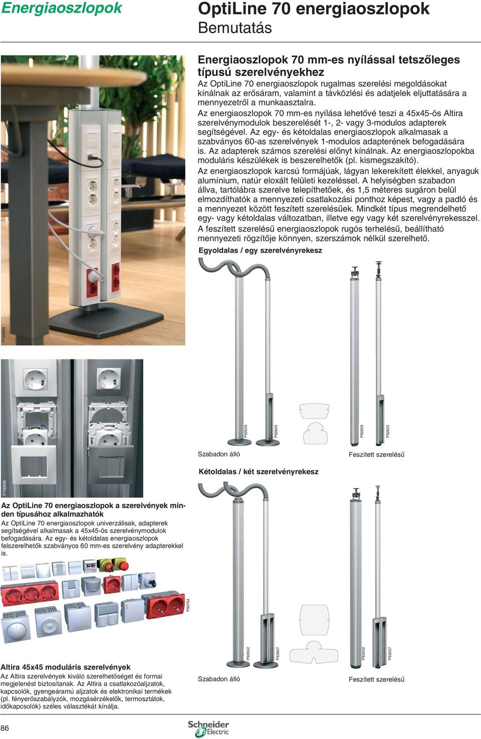 Az egy- és kétoldalas energiaoszlopok alkalmasak a szabványos 0-as szerelvények -modulos adapterének befogadására is. Az adapterek számos szerelési előnyt kínálnak.