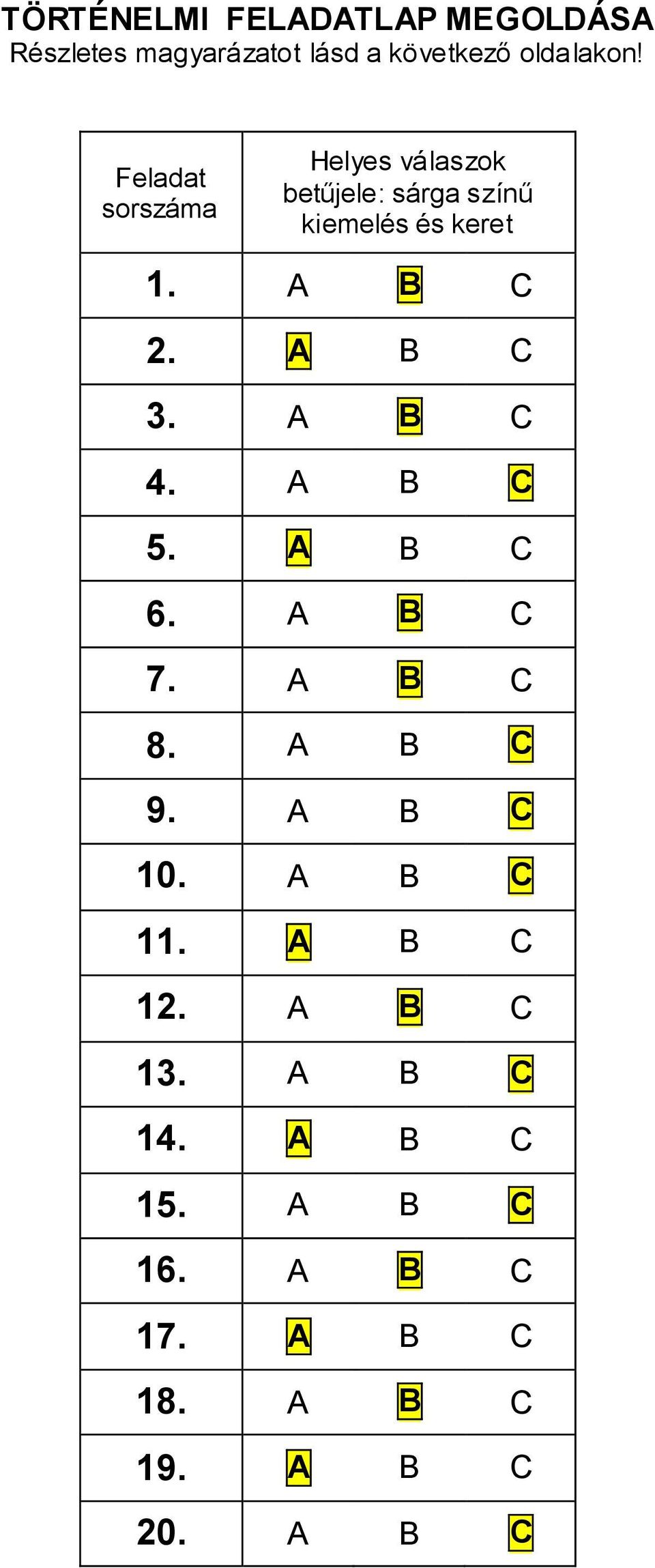 Feladat sorszáma Helyes válaszok betűjele: sárga színű