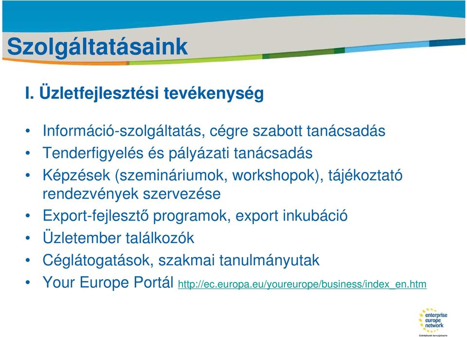 pályázati tanácsadás Képzések (szemináriumok, workshopok), tájékoztató rendezvények szervezése