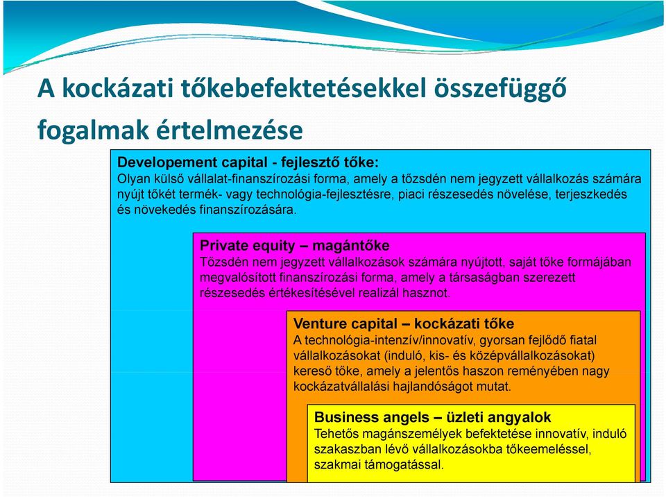 Private equity magántőke Tőzsdén nem jegyzett vállalkozások számára nyújtott, saját tőke formájában megvalósított finanszírozási forma, amely a társaságban szerezett részesedés értékesítésével