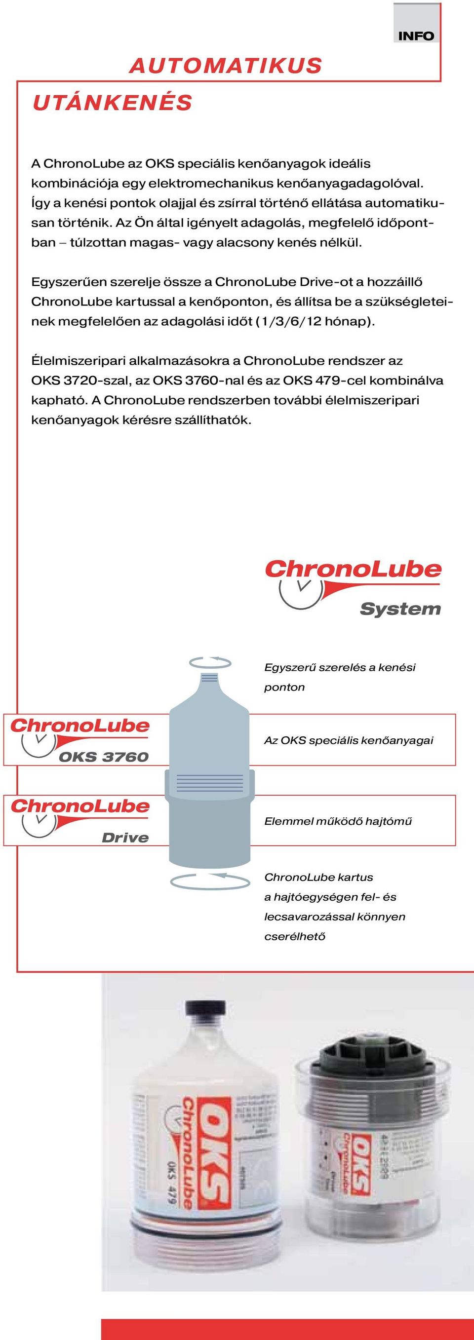 Egyszerűen szerelje össze a ChronoLube Drive-ot a hozzáillő ChronoLube kartussal a kenőponton, és állítsa be a szükségleteinek megfelelően az adagolási időt (1/3/6/12 hónap).
