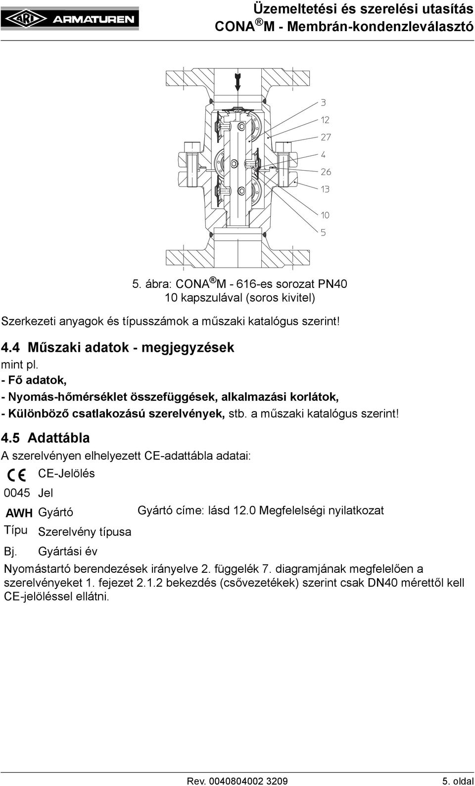 ábra: CONA M - 616-es sorozat PN40 10 kapszulával (soros kivitel) A szerelvényen elhelyezett CE-adattábla adatai: CE-Jelölés 0045 Jel AWH Gyártó Típu Szerelvény típusa Gyártó