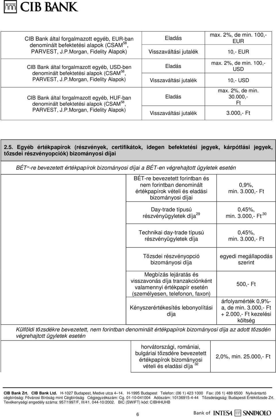 P.Morgan, Fidelity Alapok) max. 2%, de min. 100,- EUR 10,- EUR max. 2%, de min. 100,- USD 10,- USD max. 2%, de min. 30.000,- Ft 3.000,- Ft 2.5.