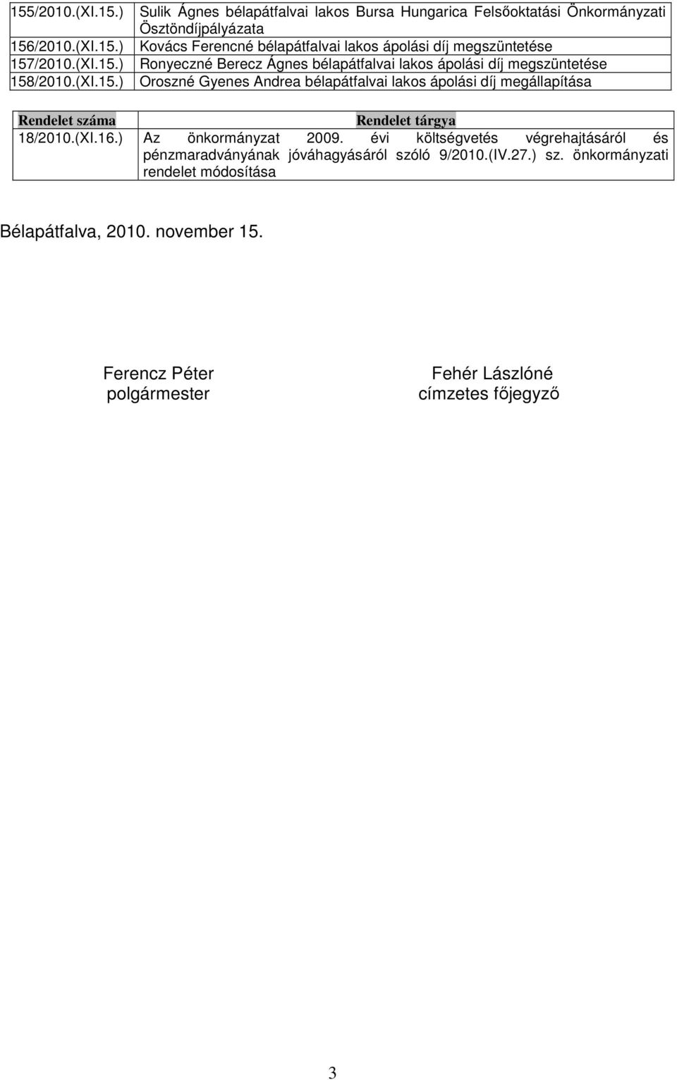 (XI.16.) Az önkormányzat 2009. évi költségvetés végrehajtásáról és pénzmaradványának jóváhagyásáról szóló 9/2010.(IV.27.) sz.