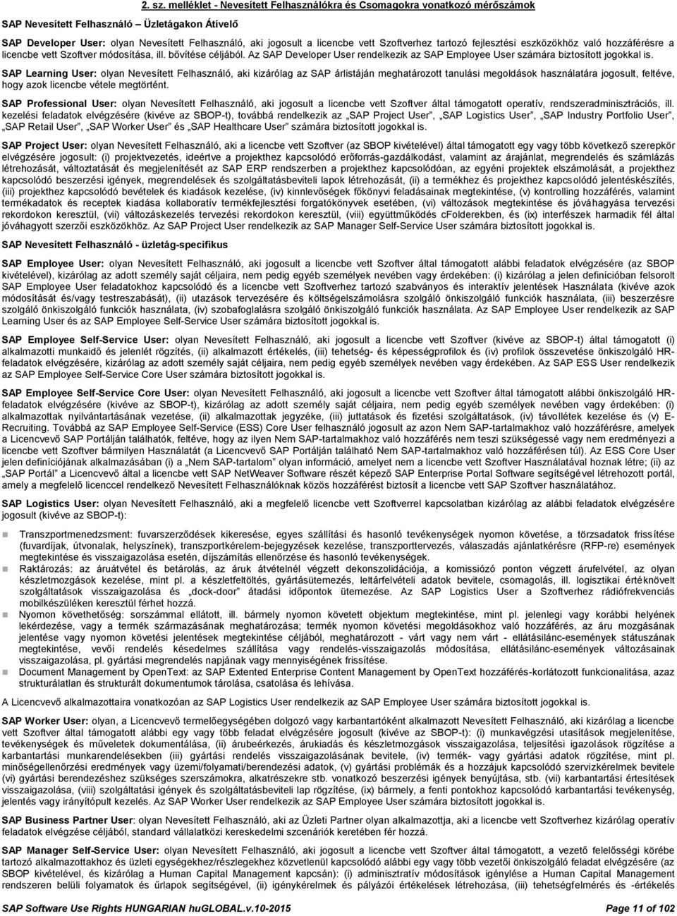 való hozzáférésre a licencbe vett Szoftver módosítása, ill. bővítése céljából. Az SAP Developer User rendelkezik az SAP Employee User számára biztosított jogokkal is.