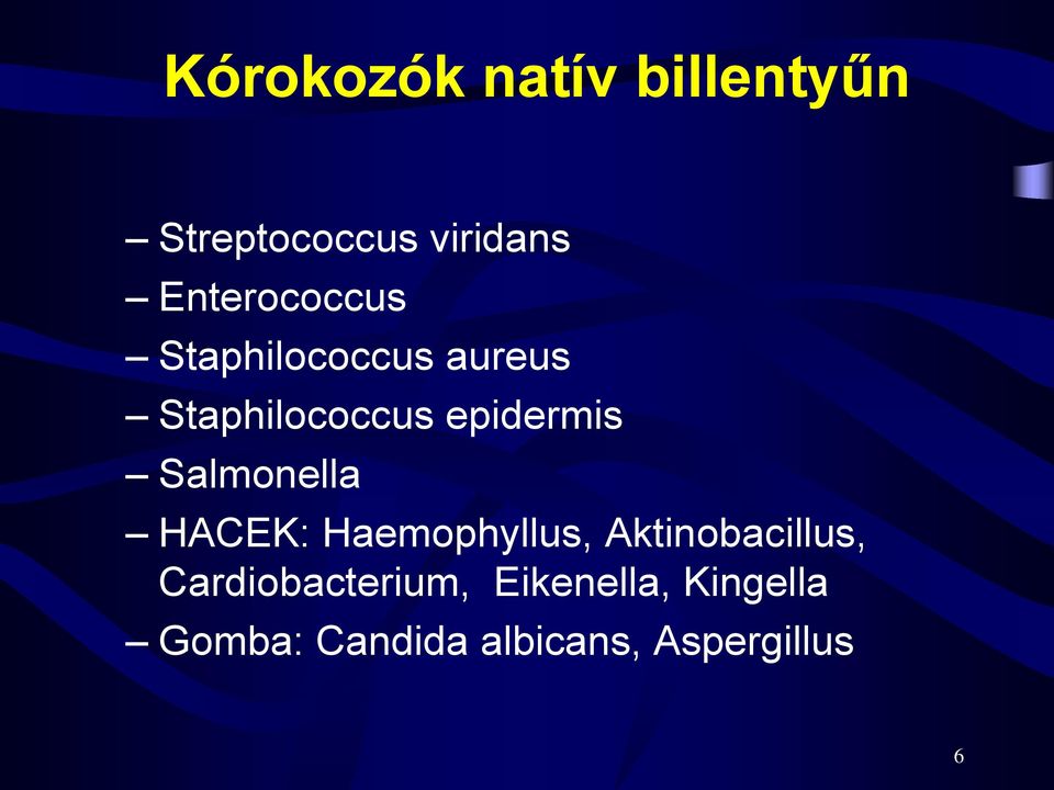 epidermis Salmonella HACEK: Haemophyllus, Aktinobacillus,