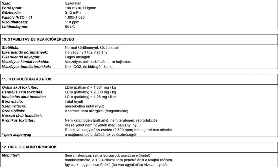 napfény Lúgos anyagok Veszélyes polimerizációrs nrm hajlamos Nox, CO2, és hidrogén-klorid 11.