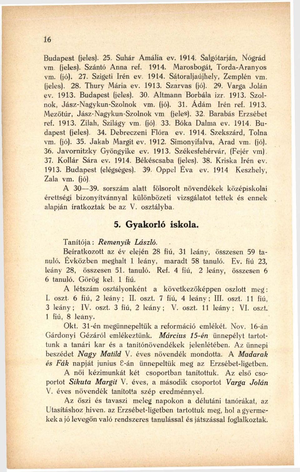 32. Barabás Erzsébet ref. 1913. Zilah, Szilágy vm. (jó) 33. Bóka Dalma ev. 1914. Budapest (jeles). 34. Debreczeni Flóra ev. 1914. Szekszárd, Tolna vm. (jó). 35. Jakab Margit ev. 1912.