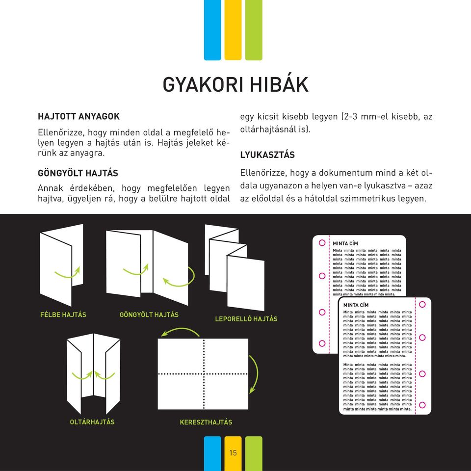 oltárhajtásnál is). LYUKASZTÁS Ellenőrizze, hogy a dokumentum mind a két oldala ugyanazon a helyen van-e lyukasztva azaz az előoldal és a hátoldal szimmetrikus legyen.